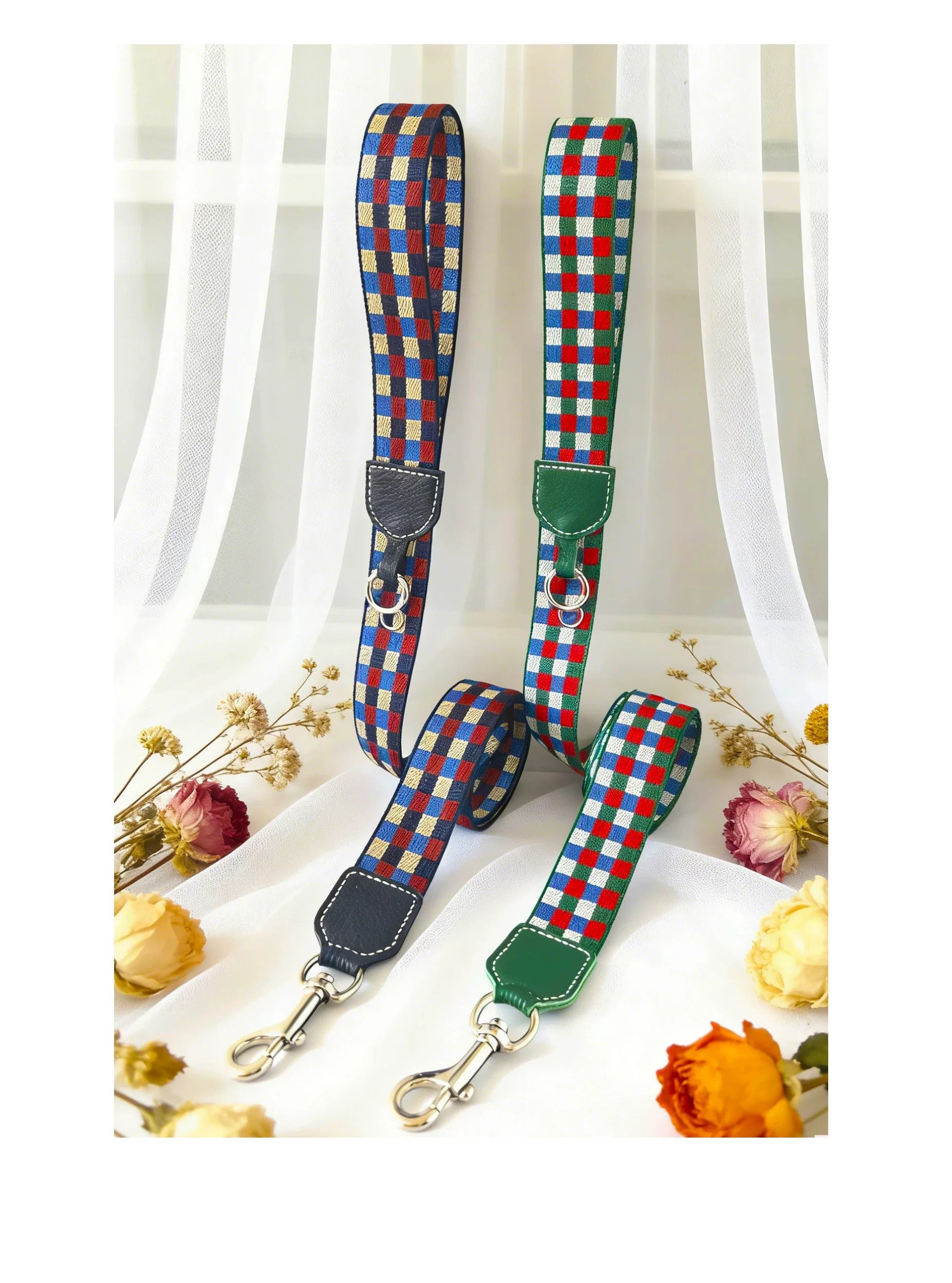 3.8cm Wide Genuine Leather Dog Collar Woven webbing Checkered Pet leash Boho style Adjustable Grid Dog Collar and leash