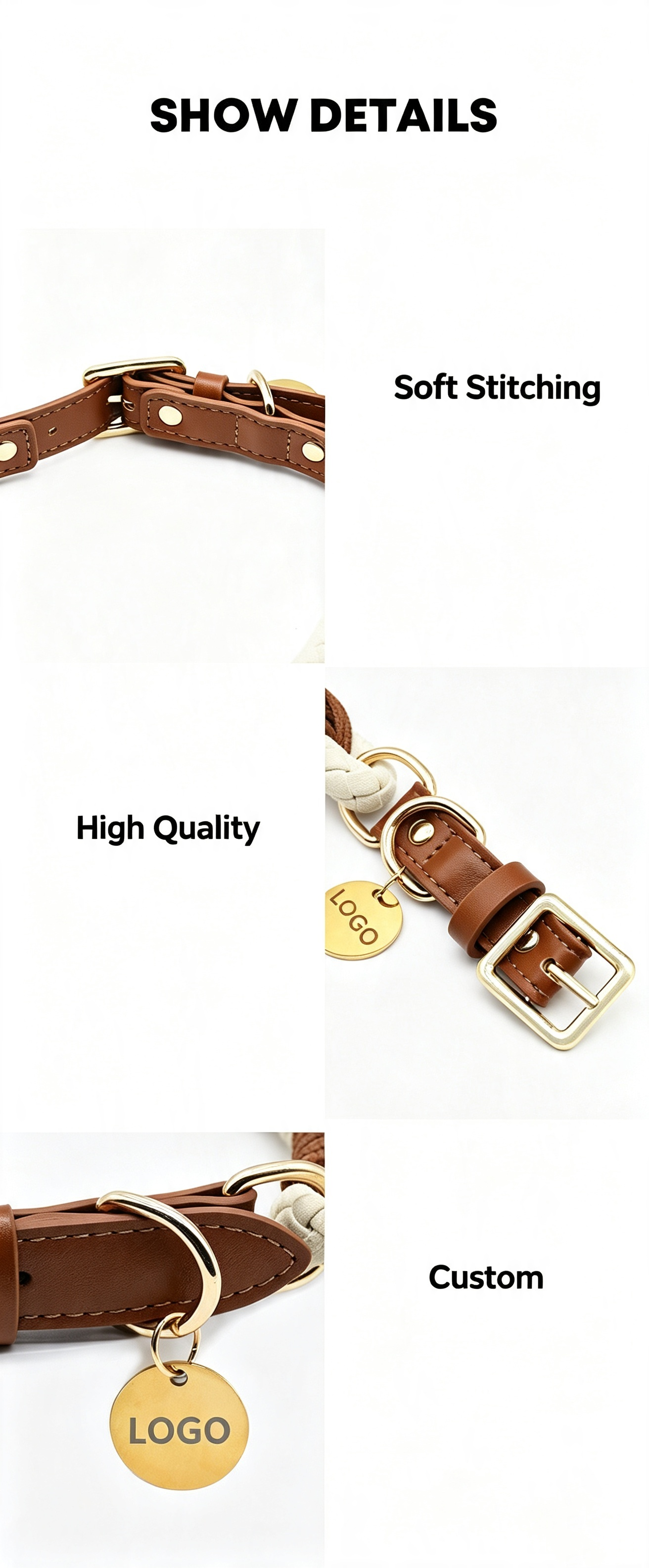 Hand Braided Rope Dog collar and Leash PU leather adjustable pet collar Multi-Functional Heavy Duty Walking Training Dog Leash