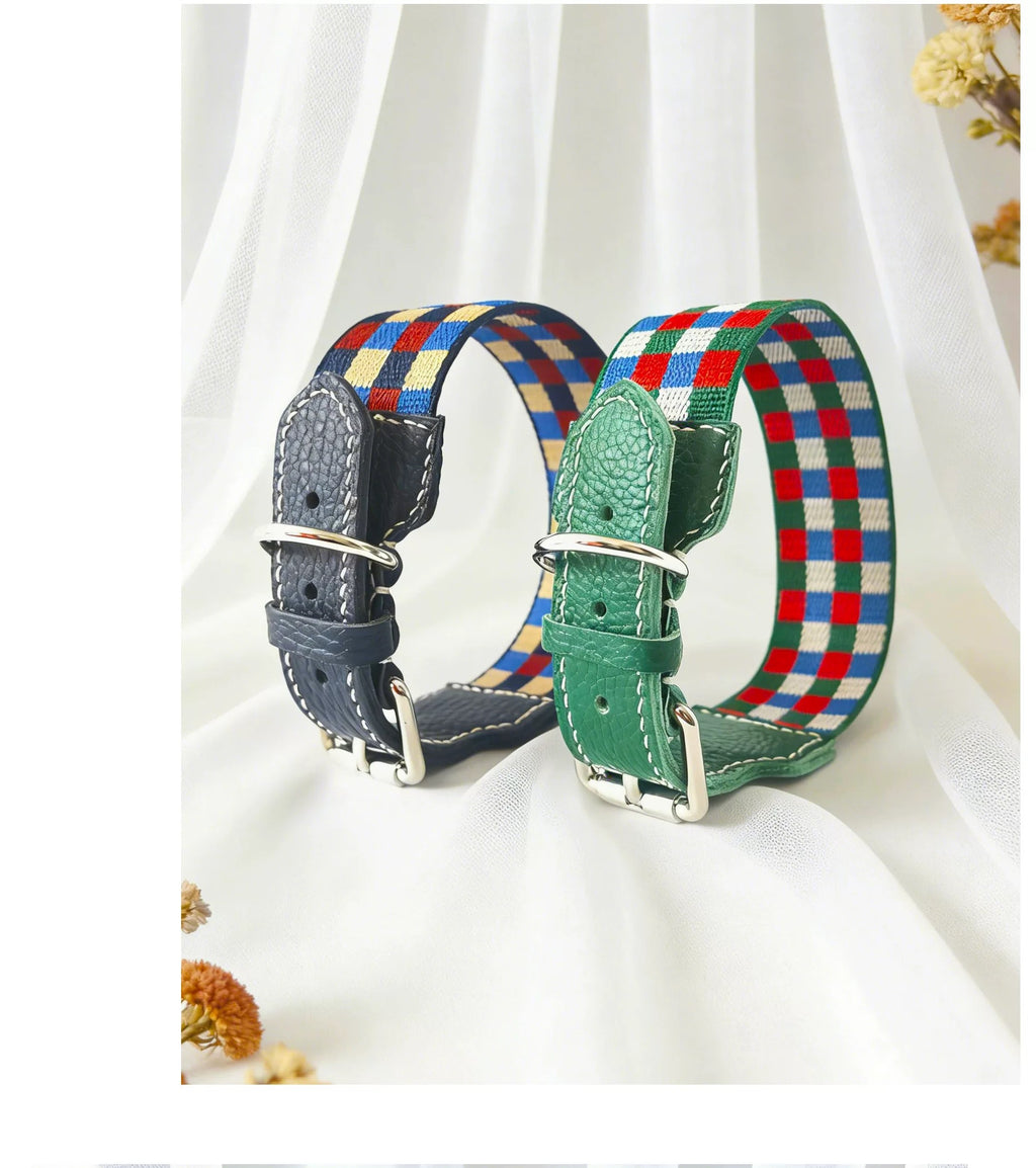 3.8cm Wide Genuine Leather Dog Collar Woven webbing Checkered Pet leash Boho style Adjustable Grid Dog Collar and leash