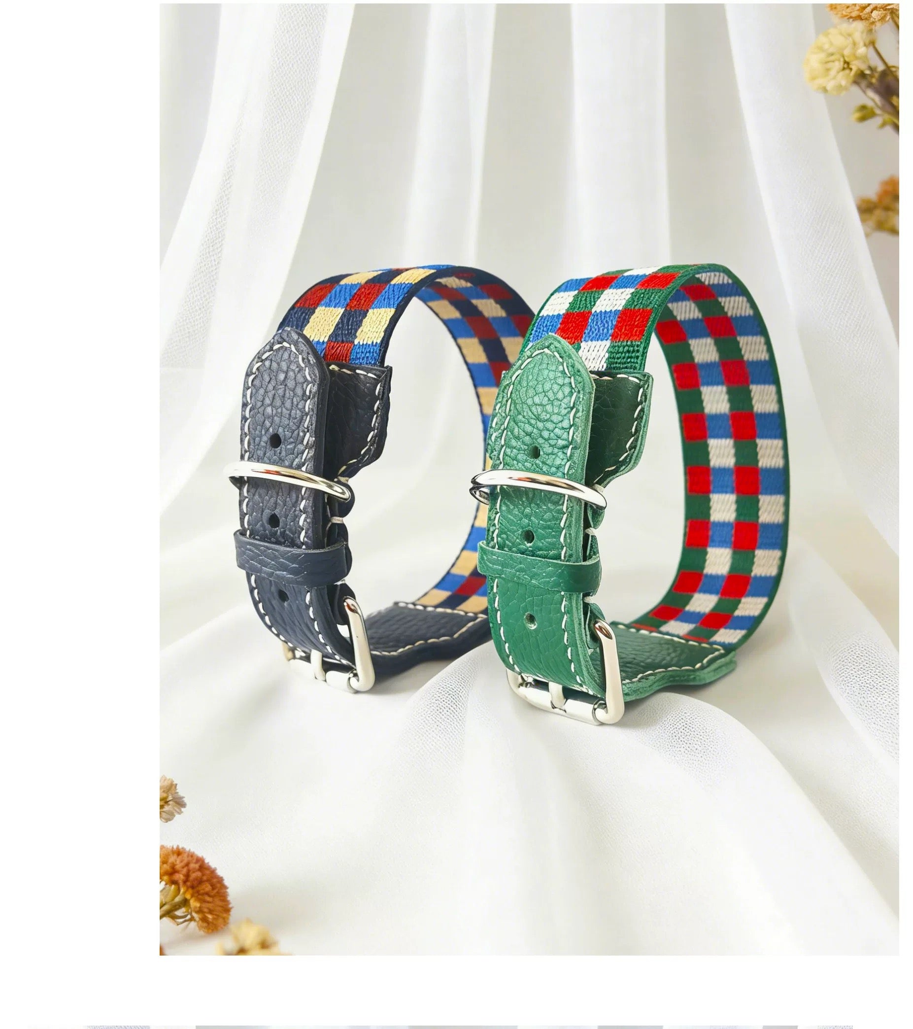 3.8cm Wide Genuine Leather Dog Collar Woven webbing Checkered Pet leash Boho style Adjustable Grid Dog Collar and leash