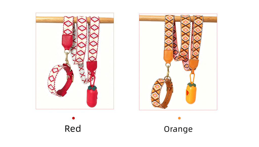 genuine Leather with 3.8cm wide webbing Dog Collar and Leash Geometric Woven Adjustable Pet Collar dog Walking Collar Leash