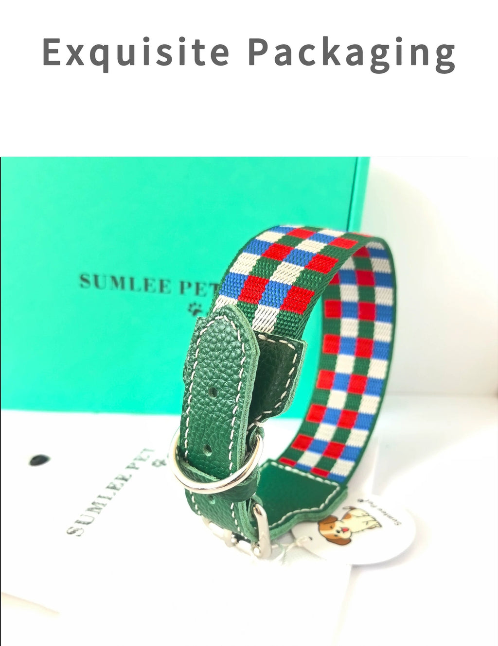 3.8cm Wide Genuine Leather Dog Collar Woven webbing Checkered Pet leash Boho style Adjustable Grid Dog Collar and leash