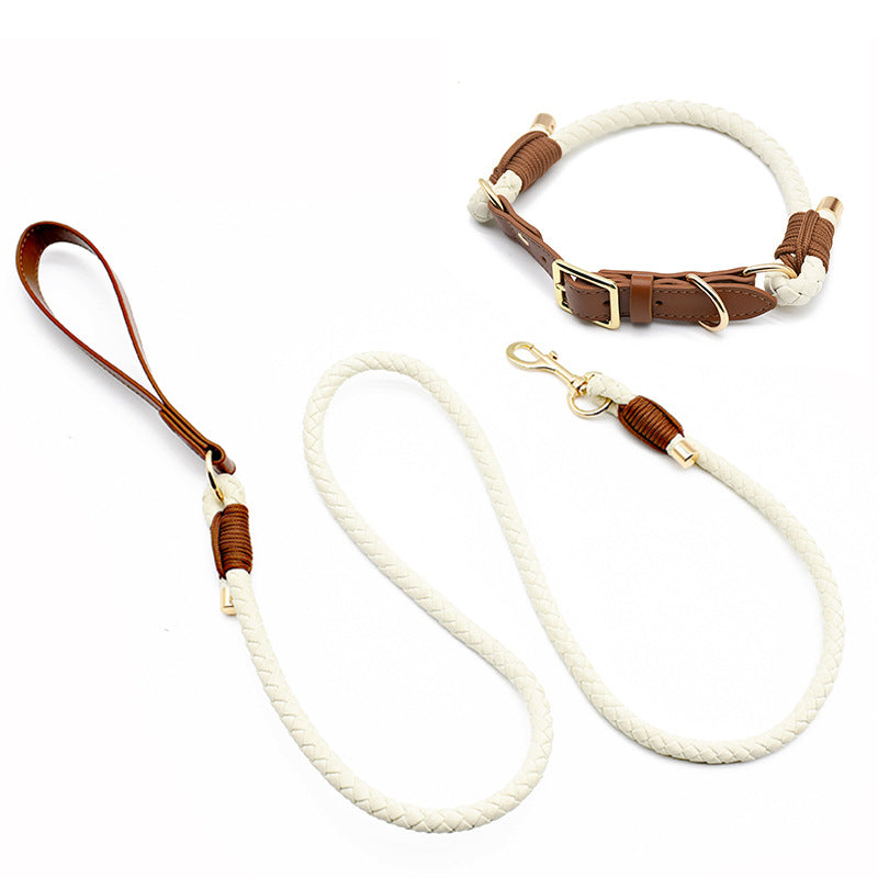 Hand Braided Rope Dog collar and Leash PU leather adjustable pet collar Multi-Functional Heavy Duty Walking Training Dog Leash