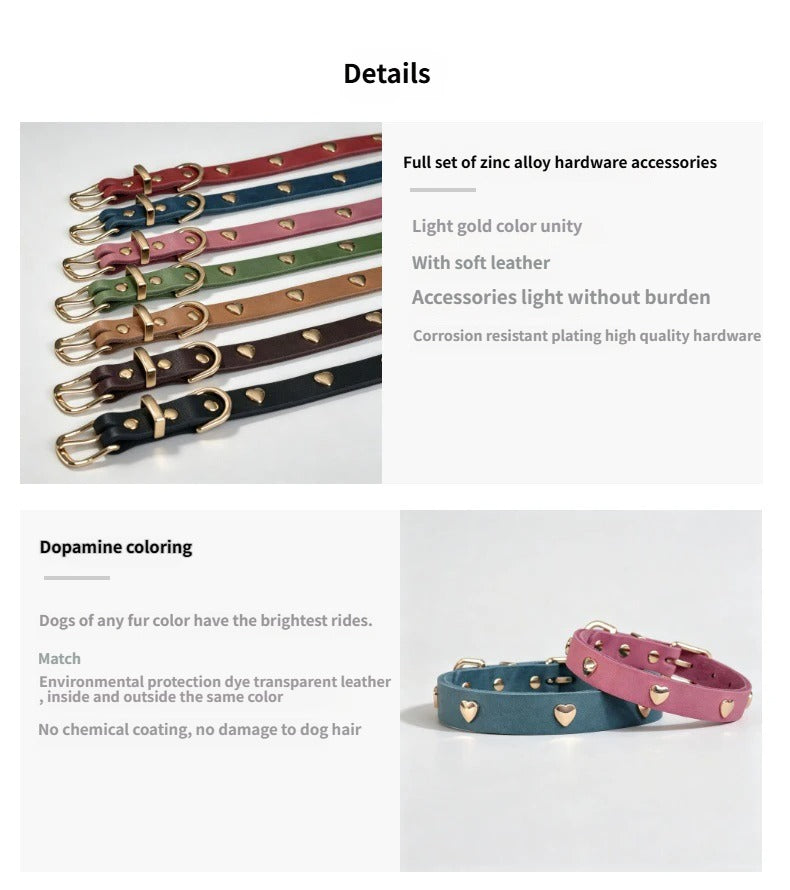 Genuine Full-Grain Leather Dog Collar Gold Heart Rivets Decor adjustable Pet Collar heavy duty no pull dog walking collar