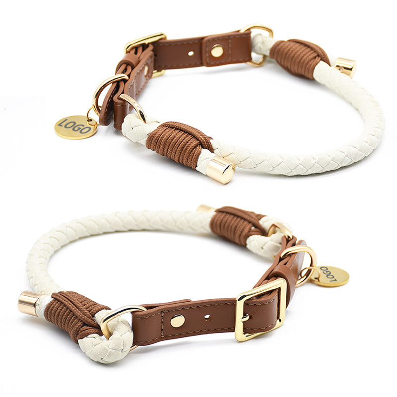 Hand Braided Rope Dog collar and Leash PU leather adjustable pet collar Multi-Functional Heavy Duty Walking Training Dog Leash