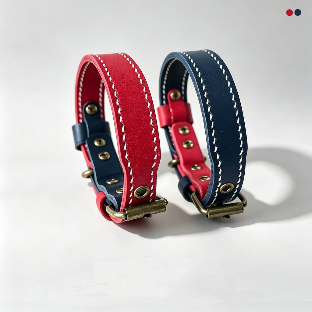 Double Layer Genuine Leather Dog Collar Adjustable Anti-Pull Dog Collar Heavy Duty Leather Pet Collar for Medium Large Dogs