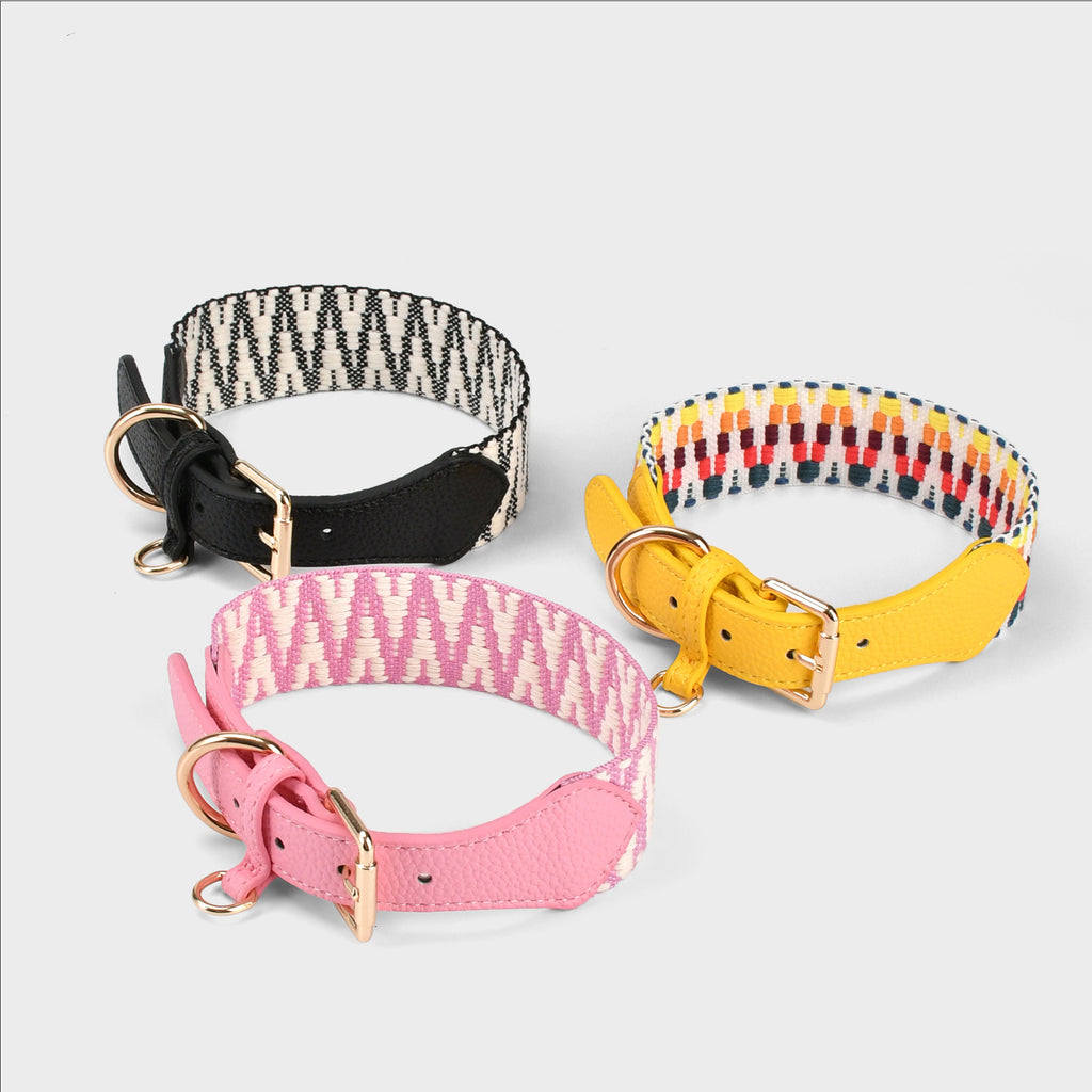 4cm Wide striped Webbing Dog Collar and Leash Set Genuine Leather Trim Adjustable Pet Collar Jacquard Woven Boho Dog Collar