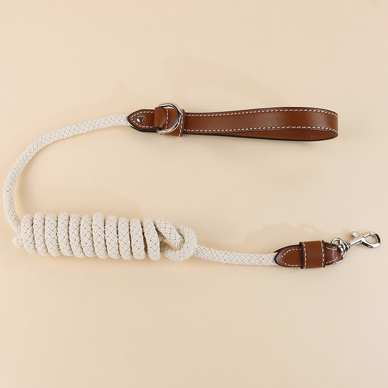 Braided Cotton Rope Dog Leash with Genuine Leather Handle Heavy Duty Anti-Pull Walking Lead Soft Comfortable Pet Training Leash