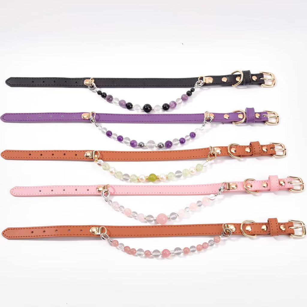 The collar strap is crafted from soft PU leather, adorned with beads made of genuine natural crystal.