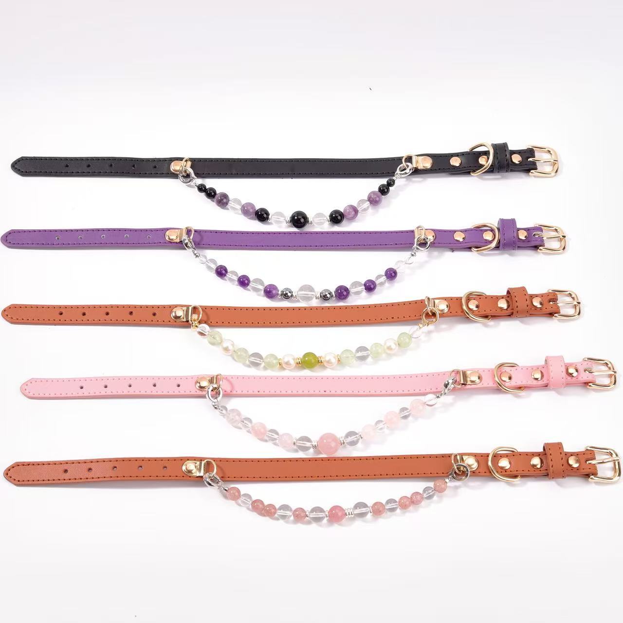 The collar strap is crafted from soft PU leather, adorned with beads made of genuine natural crystal.