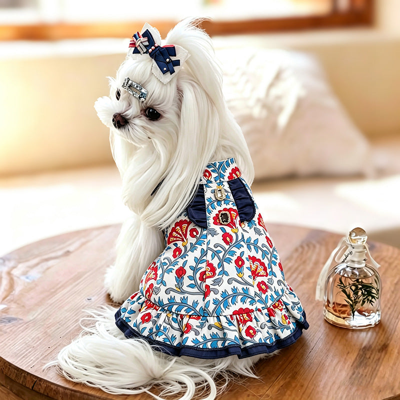 Bohemian Floral Cotton Dog Dress with Navy Ruffle Bow & Sparkling Rhinestone Accents Lightweight Princess Outfit for Small Breeds