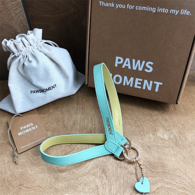 Genuine Leather Dog Leash Lightweight Two-Tone Pet Walking Lead with Rhinestone Ring & Heart Charm Adjustable Soft Leather Puppy Leash for Small Cats Dogs