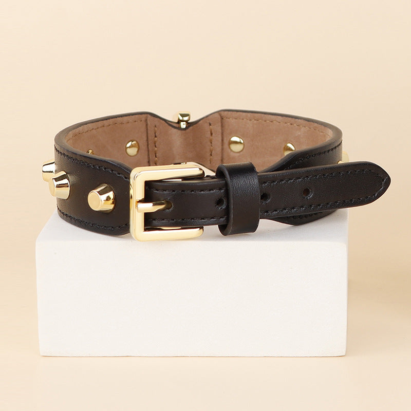 Genuine Leather Dog Collar with Gold Rivet Studs Adjustable Heavy Duty Collar for Small Medium Dogs pet walking training collar