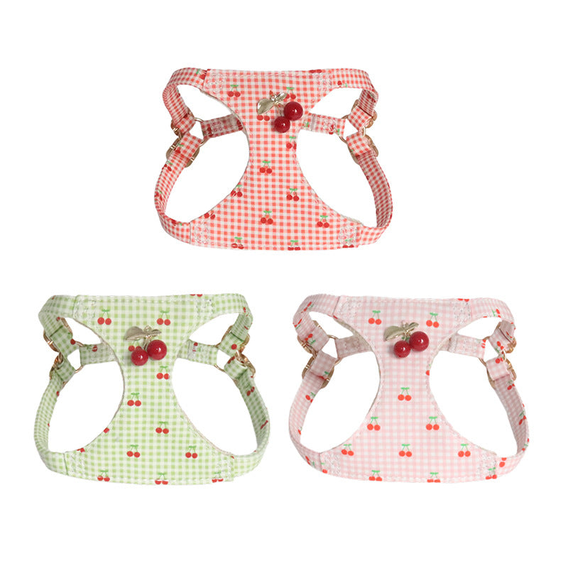Cotton Dog Harness and Leash Set Plaid Cherry Pattern Lightweight pet vest harness Soft walking harness for small medium dogs