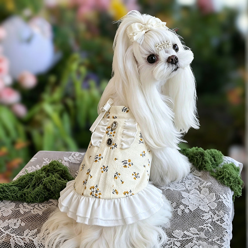 Cotton Floral Ruffle Dog Dress with Bow & Rhinestone Princess Outfit for Dog Birthday Party Wedding for Small Breeds Maltese Yorkie