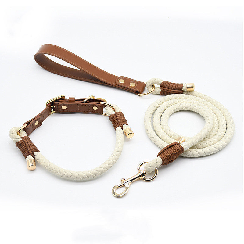 Hand Braided Rope Dog collar and Leash PU leather adjustable pet collar Multi-Functional Heavy Duty Walking Training Dog Leash