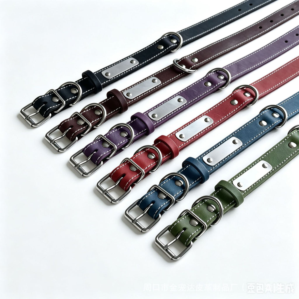 Genuine Leather Dog Collar with Custom Stainless Steel Name Plate Adjustable Heavy Duty Anti‑Pull Pet Collar for Daily Walking