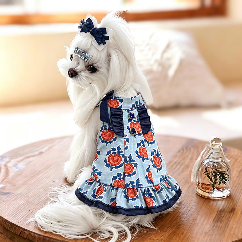 Floral Cotton Dog Dress Ruffle Rhinestone Bow Puppy Clothes Cute Summer Party Outfit for Small Medium Girl Dogs Teacup Chihuahua Yorkie