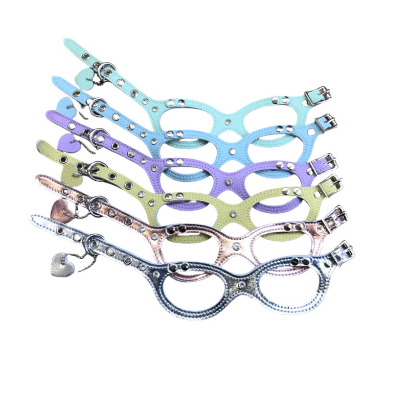 Genuine Leather Lightweight Pet Harness Cute Glasses Shaped Puppy Vest Harness with Heart Tag Adjustable Small Dog Cat Walking Harness