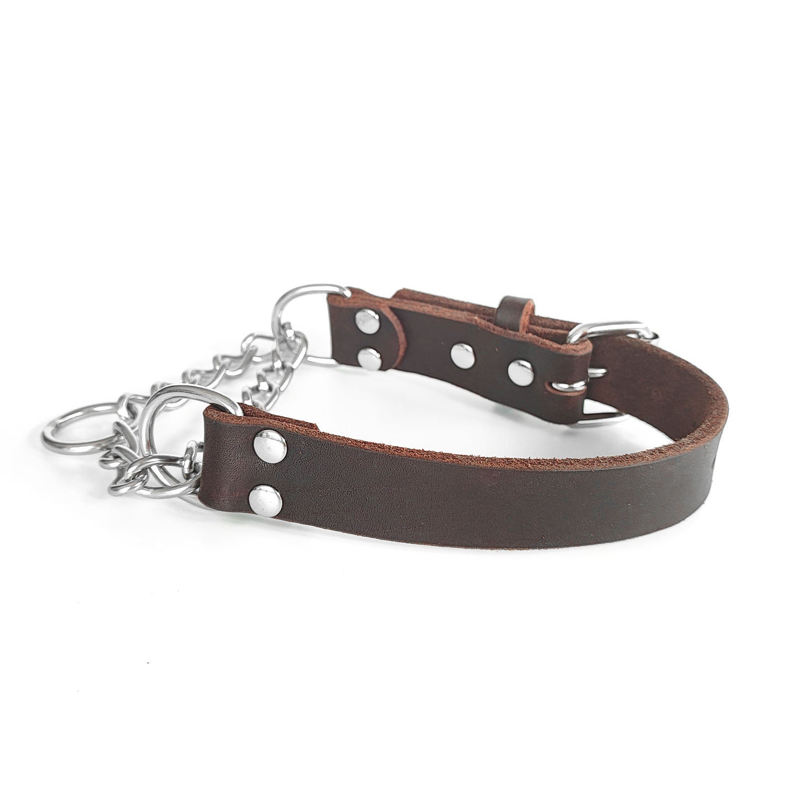 Genuine Full Grain Leather Martingale Dog Collar Adjustable Stainless Steel Chain No Pull Training Collar for Medium Large Dogs