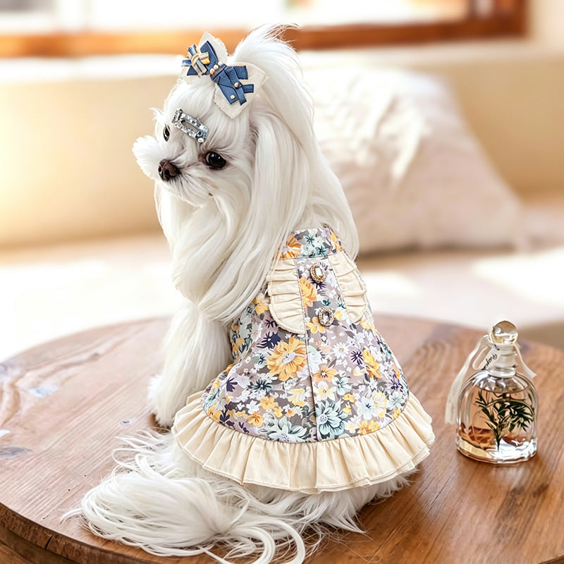 Cotton Vintage Floral Ruffle Dog Dress with Bow & Rhinestone Princess Party Wedding Outfit for Maltese Yorkie Shih Tzu Bichon