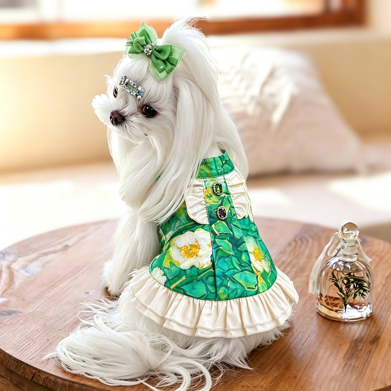Cotton Green Floral Dog Ruffle Dress with Bow & Emerald Rhinestone Princess Outfit for Maltese Yorkie Shih Tzu Bichon Birthday Wedding Party Wear