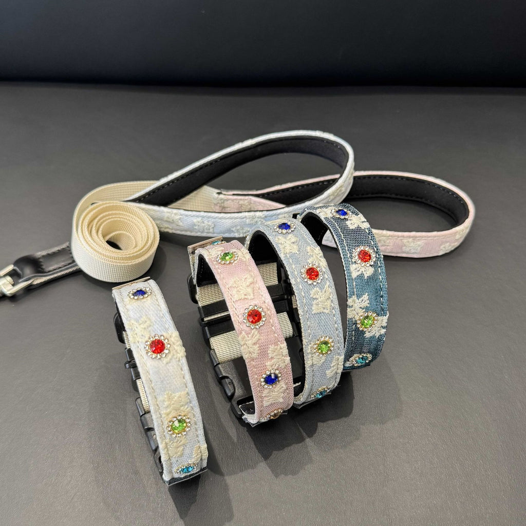 soft pet Lace collar with Colorful Rhinestones cotton Jacquard Dog walking Collar adjustable lightweight pet leads