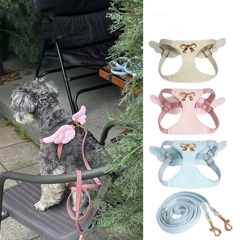 Dog Harness and Leash Set with Angel Wings & Bow Decor Lightweight pet vest harness Soft walking harness for small medium dogs