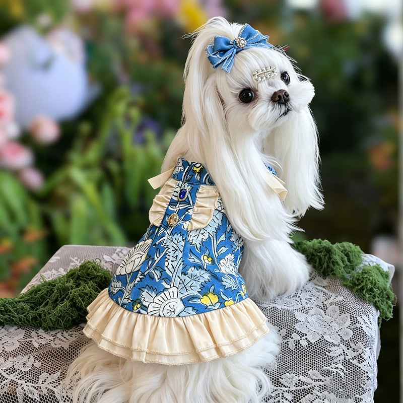 Cotton Dog Princess Dress with Ruffle Hem Bow & Jewel Accents  Elegant Outfit for Small Breeds Perfect for Birthdays & Weddings