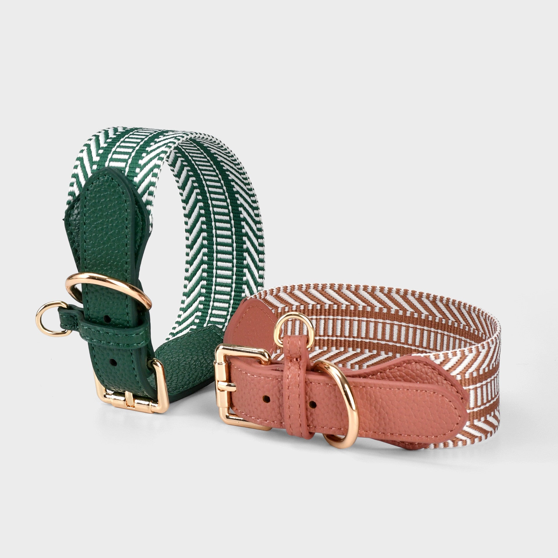 Wide striped Webbing Dog Collar and Leash Set Genuine Leather Trim Adjustable Pet Collar Jacquard Woven Boho Dog Collar
