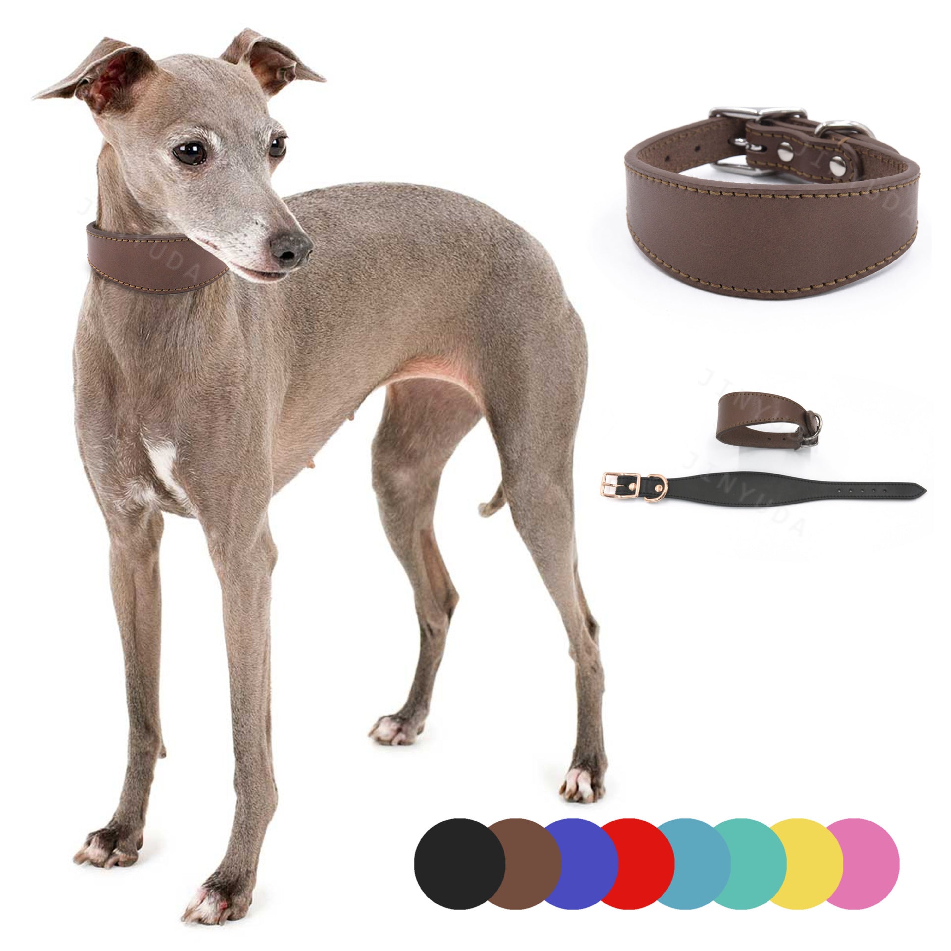 Wide Cowhide Leather Dog Collar Adjustable Heavy Duty Anti-Pull Shock Resistant Collar Soft Wide Neck Collar for Greyhound Whippet Long Neck Breeds