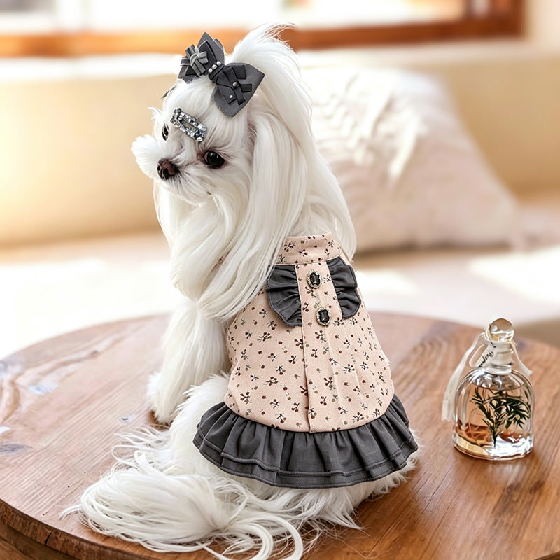 100% Cotton Ruffle Dog Dress with Bow & Rhinestone Princess Outfit for Dog Birthday Party Wedding