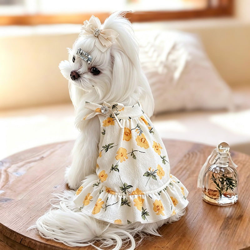 Cotton Yellow Floral Sling Dog Dress with Bow & Rhinestone ruffle Princess Outfit for Maltese Yorkie Shih Tzu Bichon  Birthday Wedding Party Pet Costume