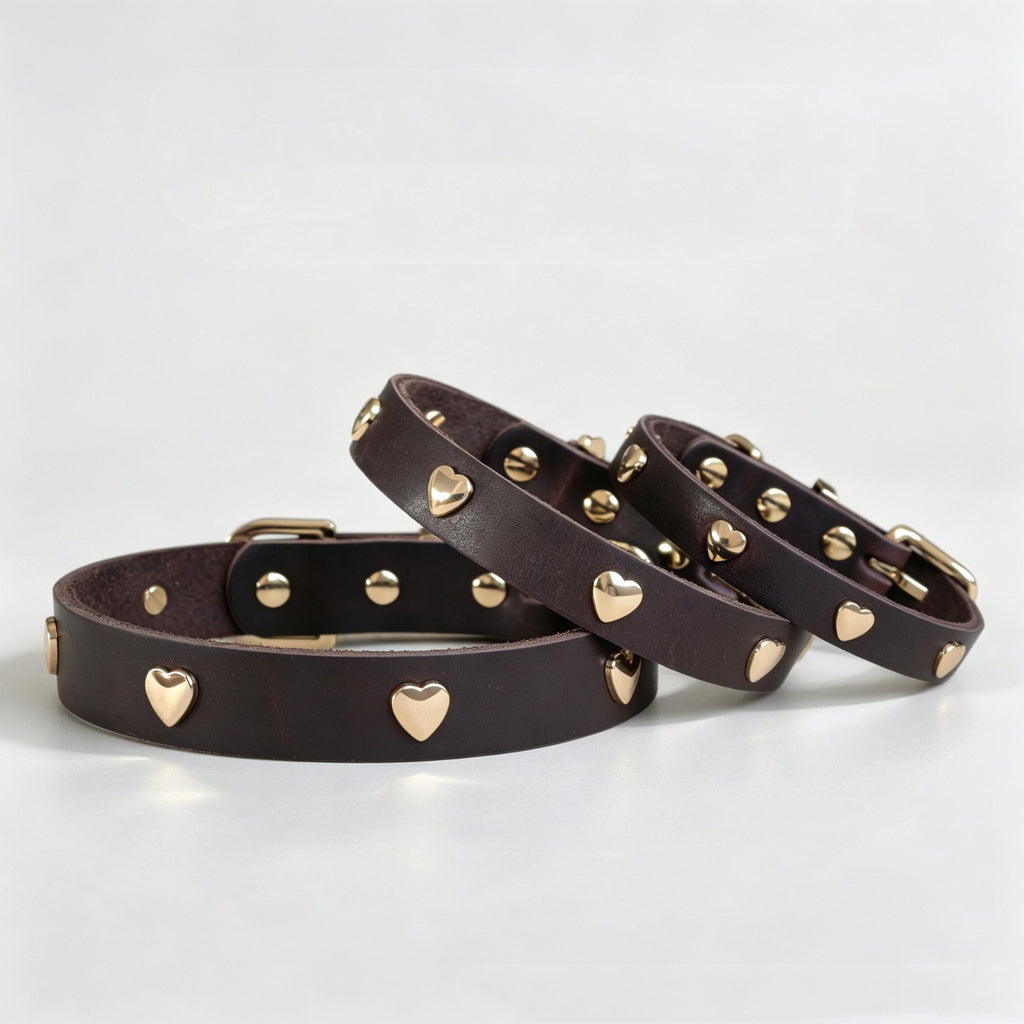 Genuine Full-Grain Leather Dog Collar Gold Heart Rivets Decor adjustable Pet Collar heavy duty no pull dog walking collar