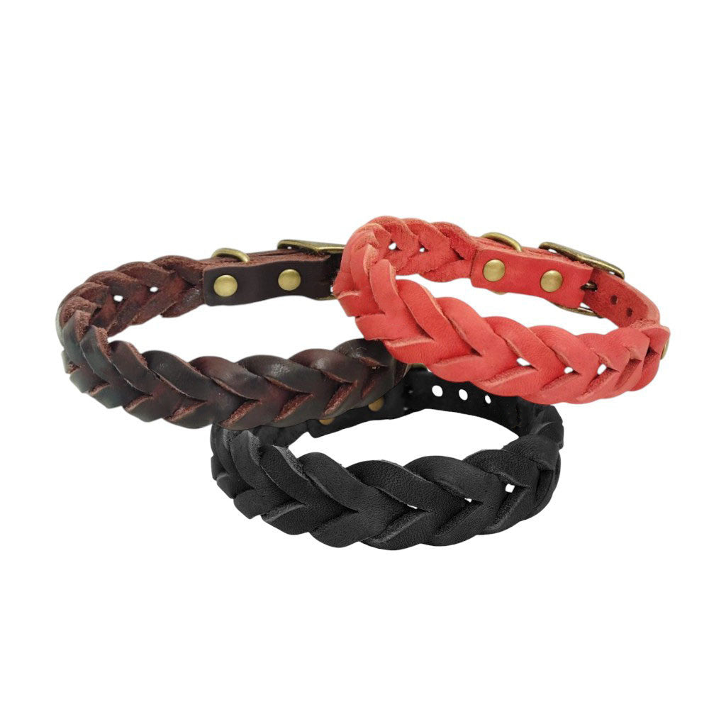 Hand Braided Genuine Leather Dog Collar with Solid Brass Hardware Heavy Duty Anti-Pull Adjustable Real Leather Collar for Small Medium Dogs