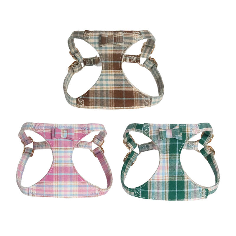 plaid pet harness and leash set with bow detail