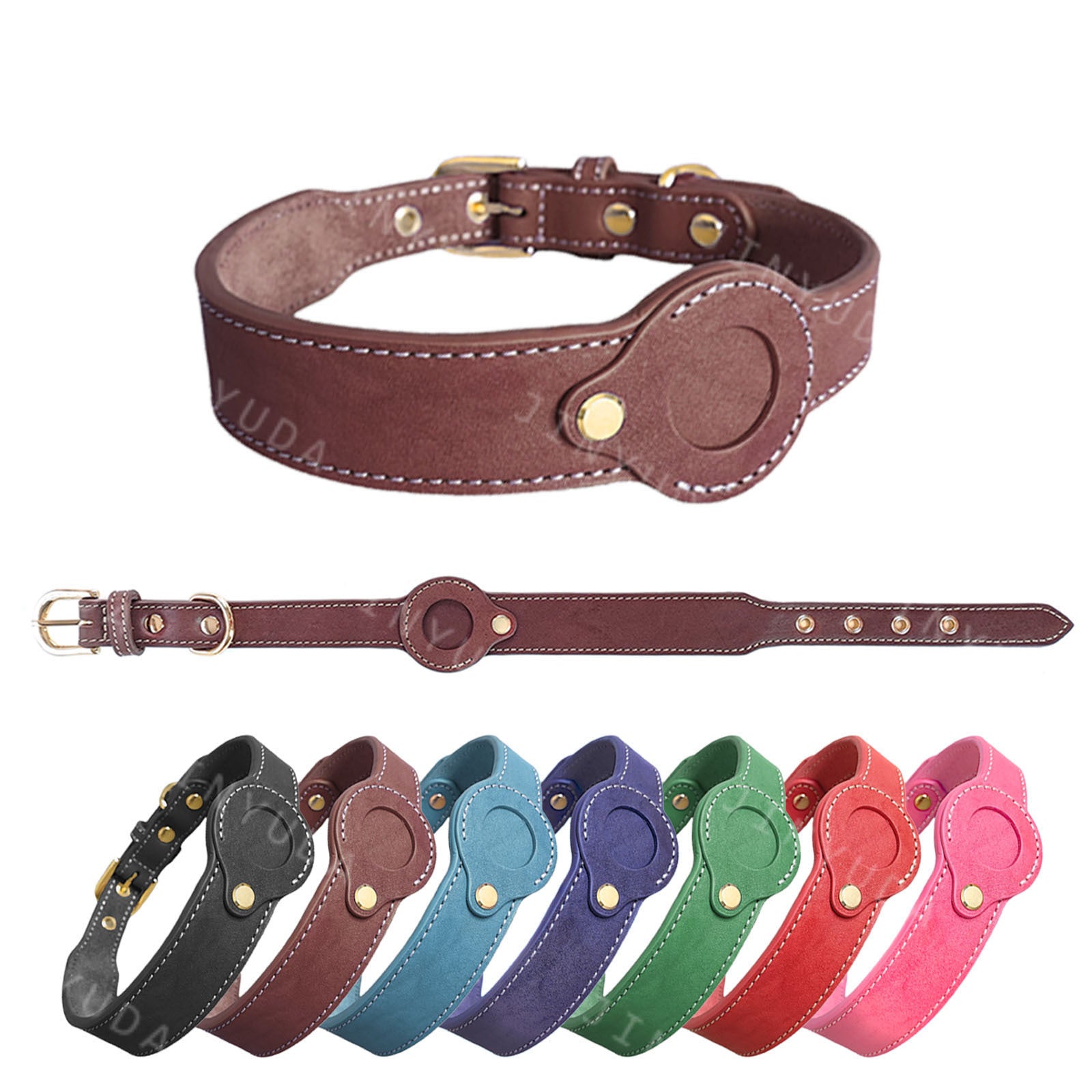 Genuine Cowhide Leather AirTag Dog Collar Adjustable Leather Pet Collar Built-in AirTag Holder Case Compatible with Apple AirTag Multiple Colors Anti-Lost Dog Collar for Small Medium Large Dogs