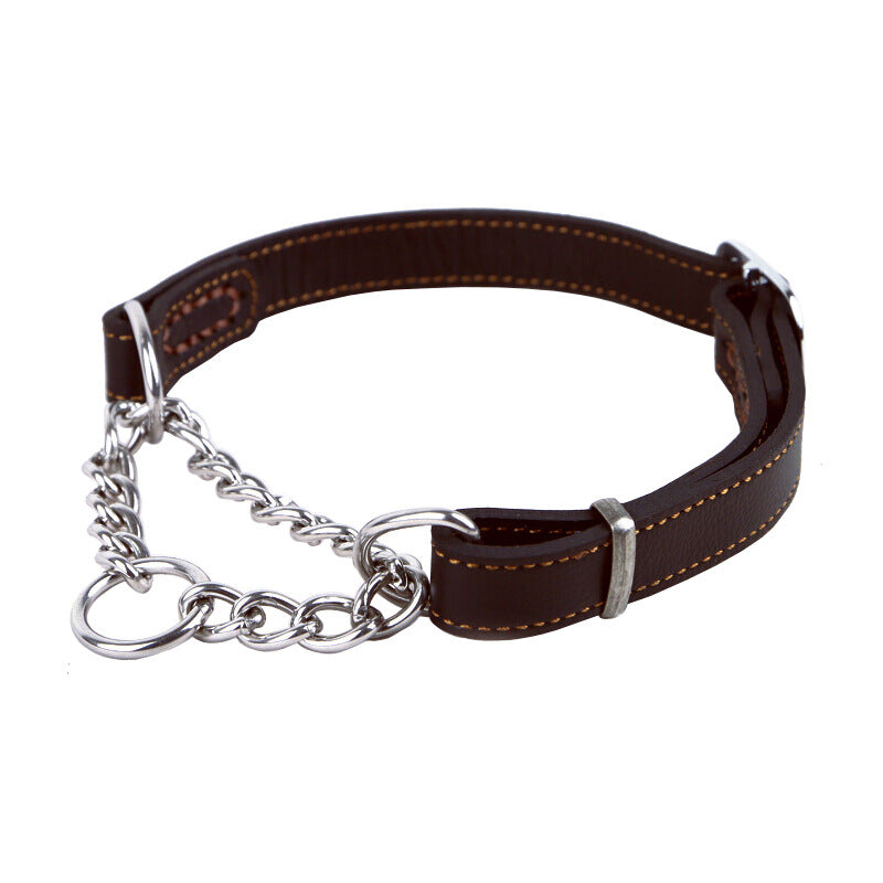 Genuine Leather Martingale Dog Collar Stainless Steel dog Half Check Training P Chain Collar Adjustable Heavy Duty Pet walking collar