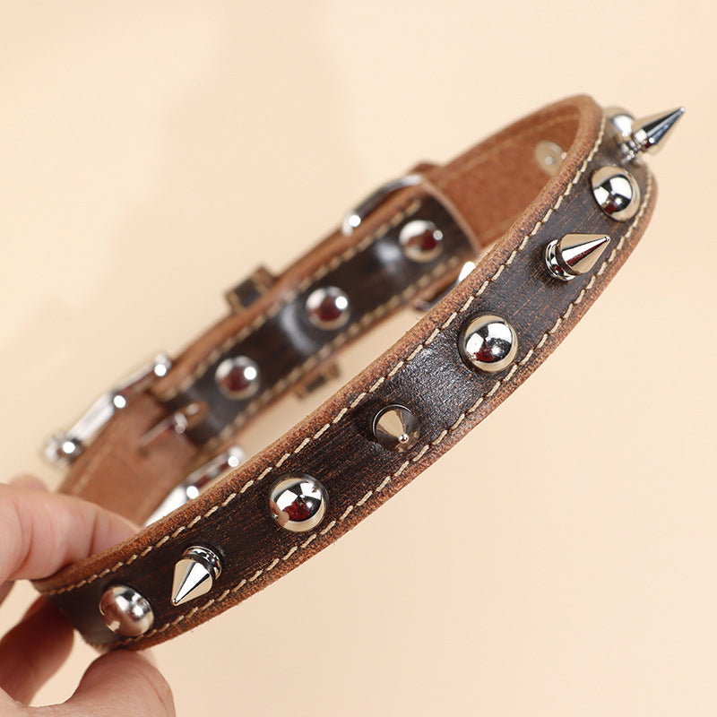 Genuine Leather Spiked Dog Collar Sharp Studded Anti-Bite Pet Collar Adjustable Heavy Duty Leather Collar for small medium dogs