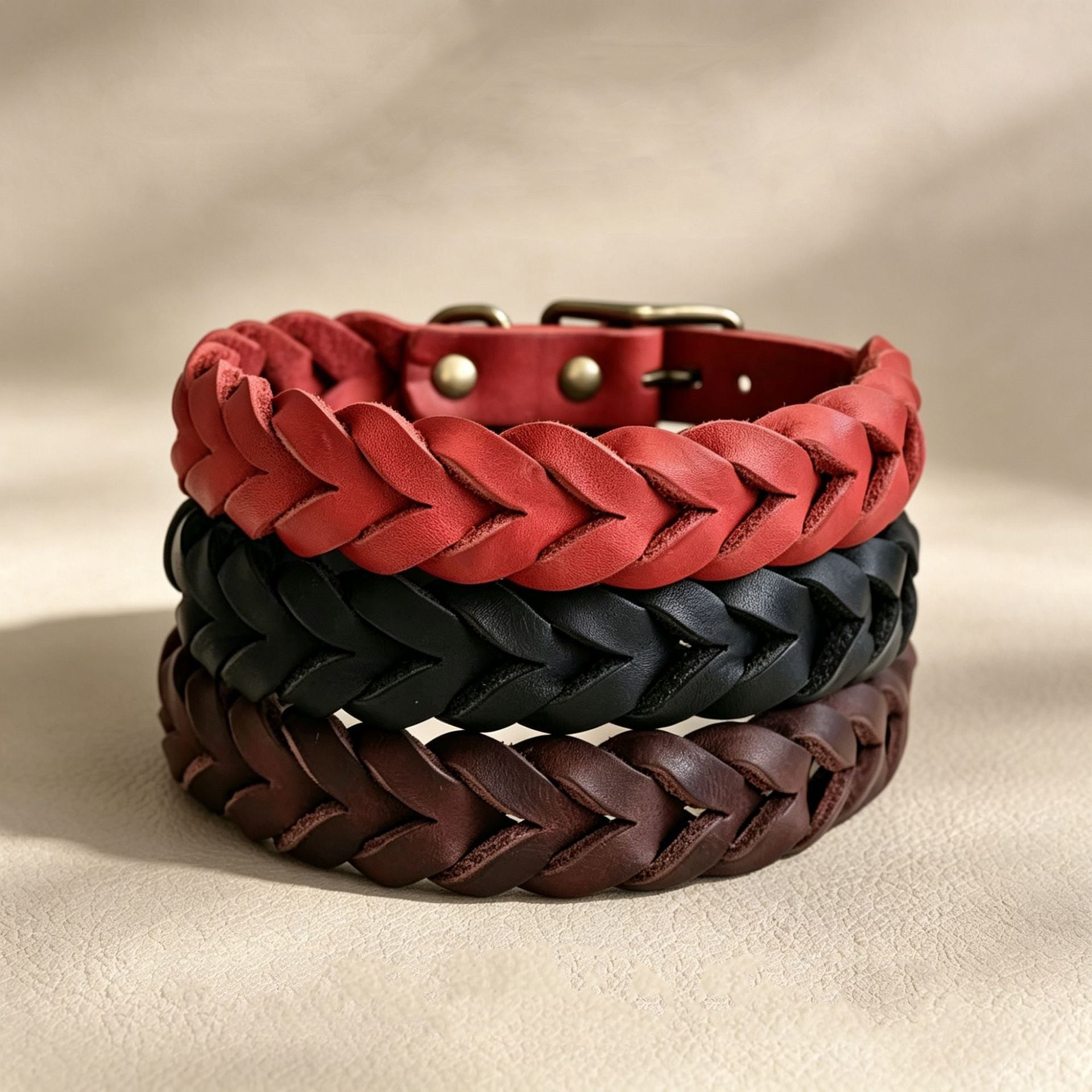 Hand Braided Genuine Leather Dog Collar with Solid Brass Hardware Heavy Duty Anti-Pull Adjustable Real Leather Collar for Small Medium Dogs