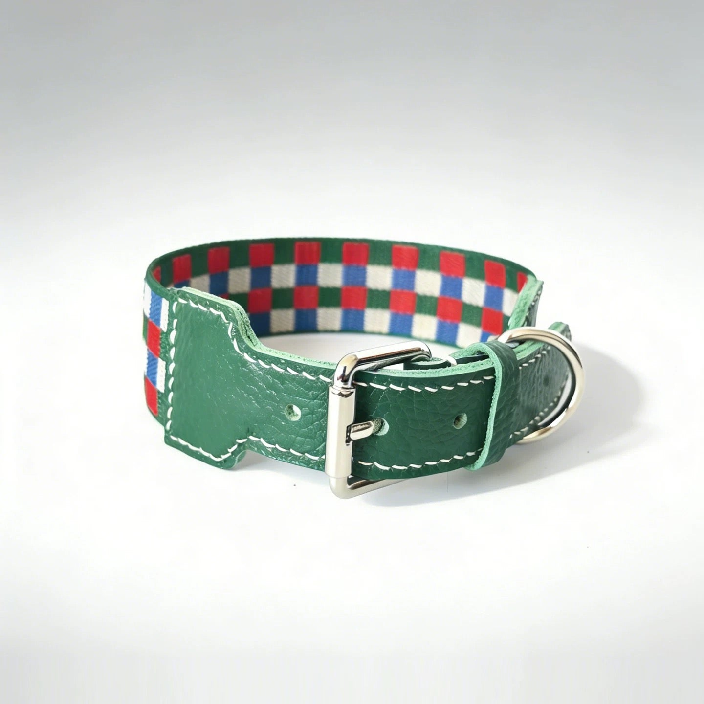 3.8cm Wide Genuine Leather Dog Collar Woven webbing Checkered Pet leash Boho style Adjustable Grid Dog Collar and leash
