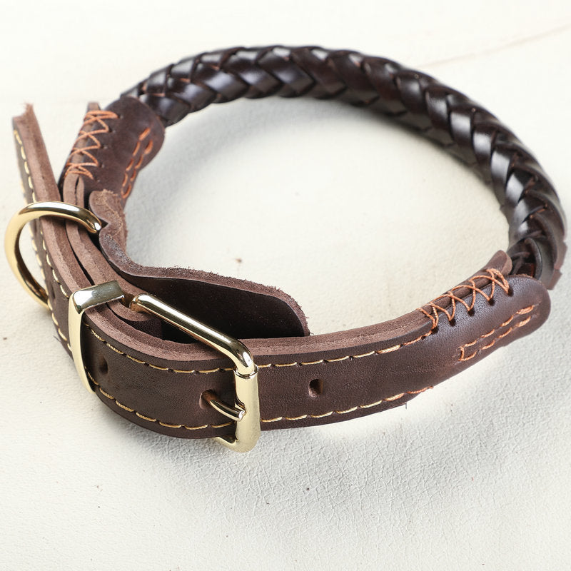 Genuine Full Grain Leather Dog Collar 8‑Strand Braided Heavy Duty Dog Collar for Medium Large Dogs Pet Collar for Daily Walking