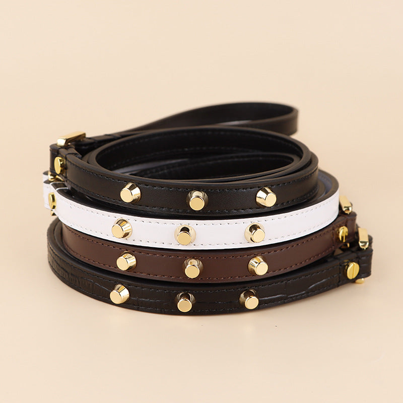 Genuine Leather Dog Leash Thin Stylish Pet Walking Leash with Gold Round Studs Adjustable Soft Leather Puppy Lead