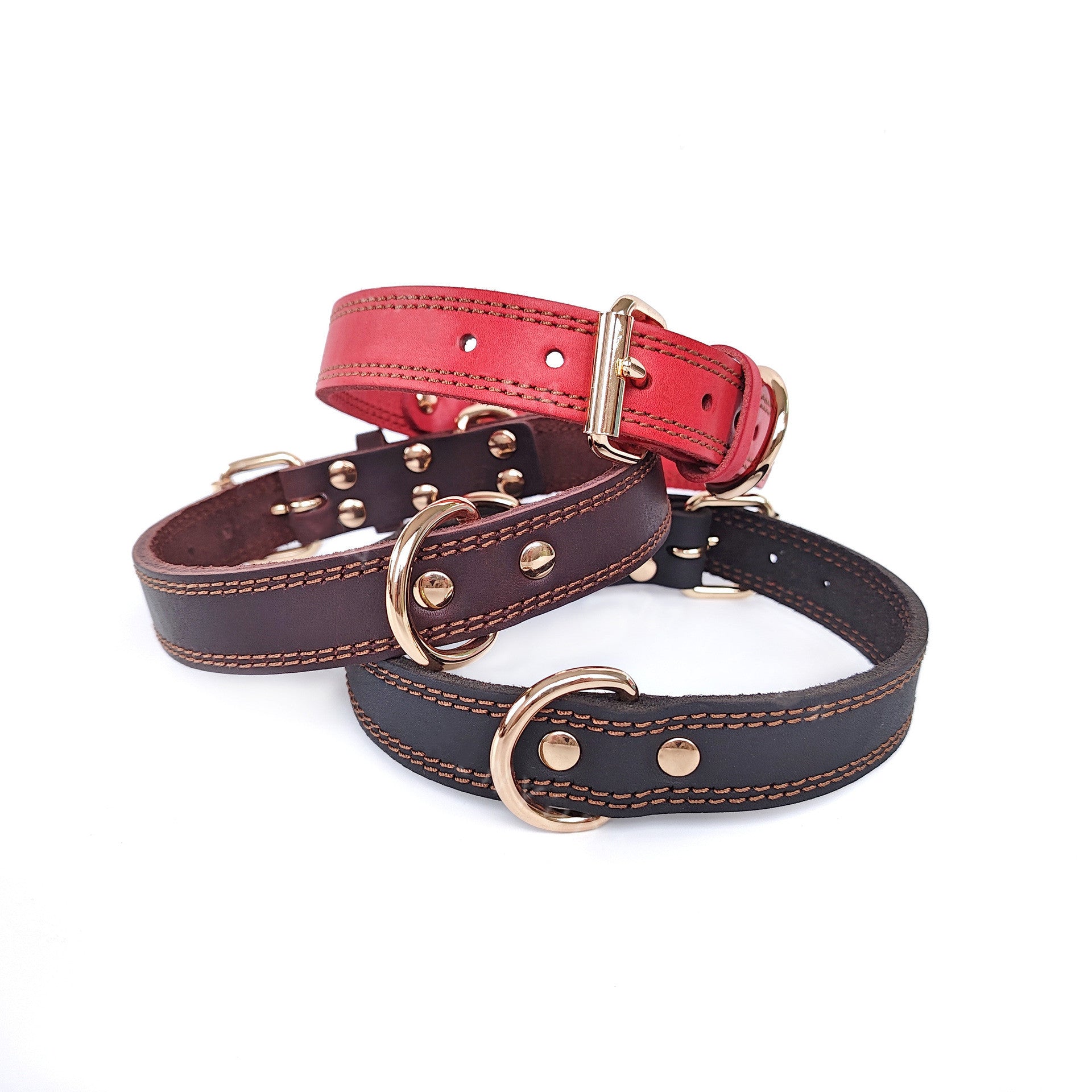 Genuine Leather Dog Collar Double Stitched Adjustable Heavy Duty Pet Collar with Metal D Ring no-pull for Small Medium Large Dogs