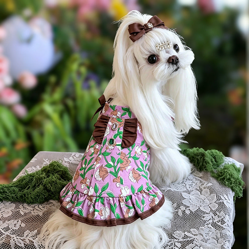 Halter Floral Cotton Puppy Party Dress with Gem Bow for Small Girl Dogs