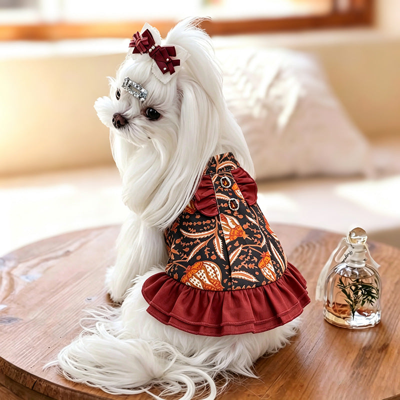 Bohemian Floral Cotton Dog Princess Dress with Red Ruffle Hem Bow & Jewel Accents  Elegant Outfit for Small Breeds Ideal for Birthdays & Weddings