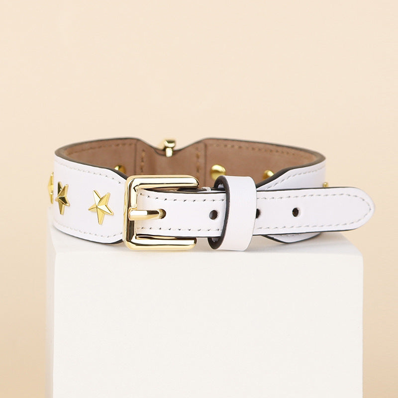 genuine Leather Pet Collar with Gold Metal Star Rivets Adjustable Soft Star Studded Leather Dog Collar wide Dog walking collar