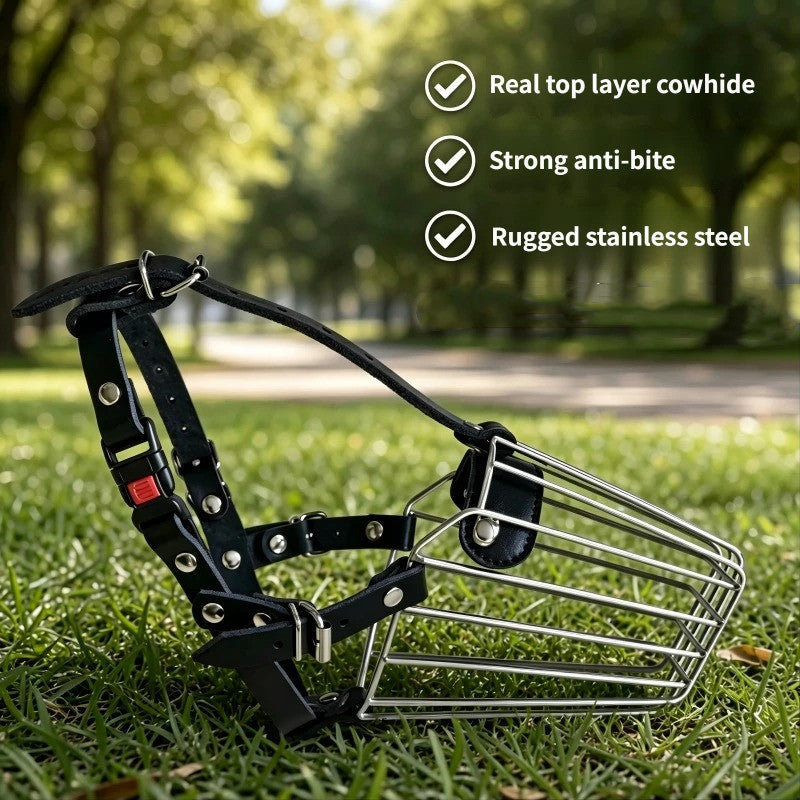 Lockable Stainless Steel wire basket Dog Muzzle genuine Leather Adjustable Dog Muzzle Anti Biting Chewing Metal Dog Mouth cover