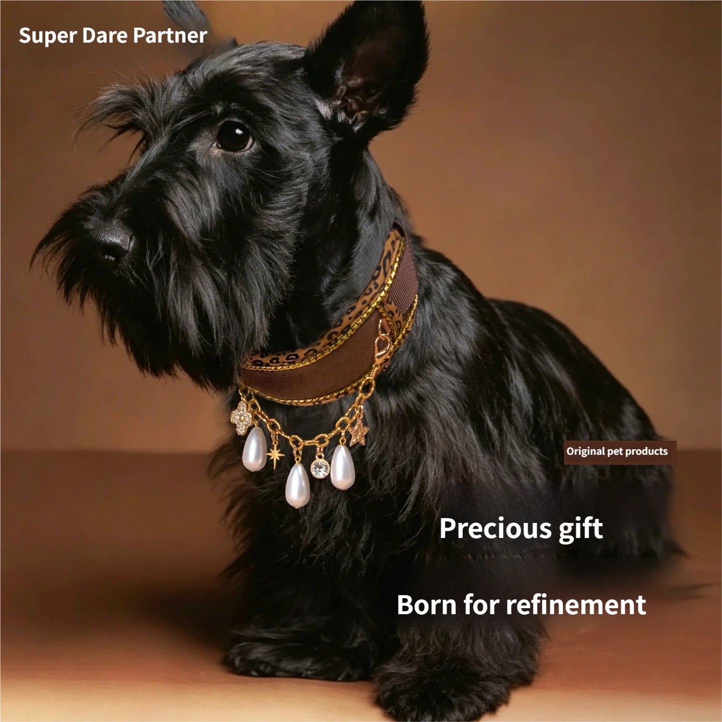 Wide Padded Leopard Dog Collar with detachable pearl necklace