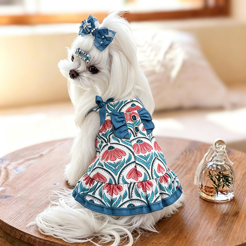 Bohemian Floral Cotton Dog Dress with Teal Ruffle Bow & Sparkling Rhinestone Accents  Lightweight Princess Outfit for Small Breeds